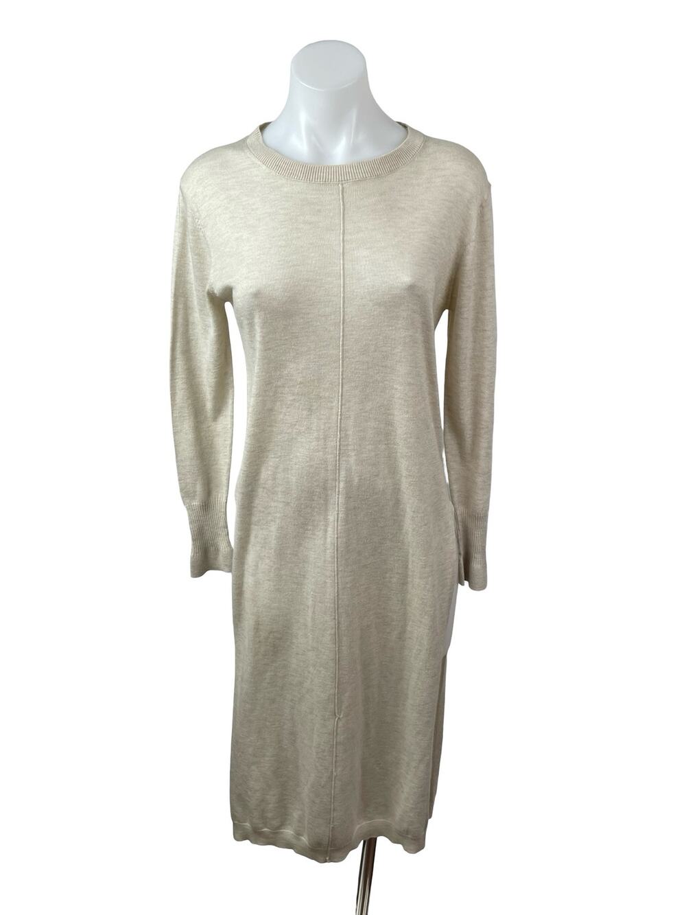 Zara Women's Beige Front Seam Knit Long Sleeve Midi Sheath Sweater Dress Size M